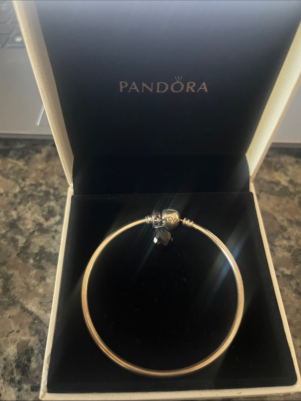 Pandora Silver Bangle with Black Faceted Charm